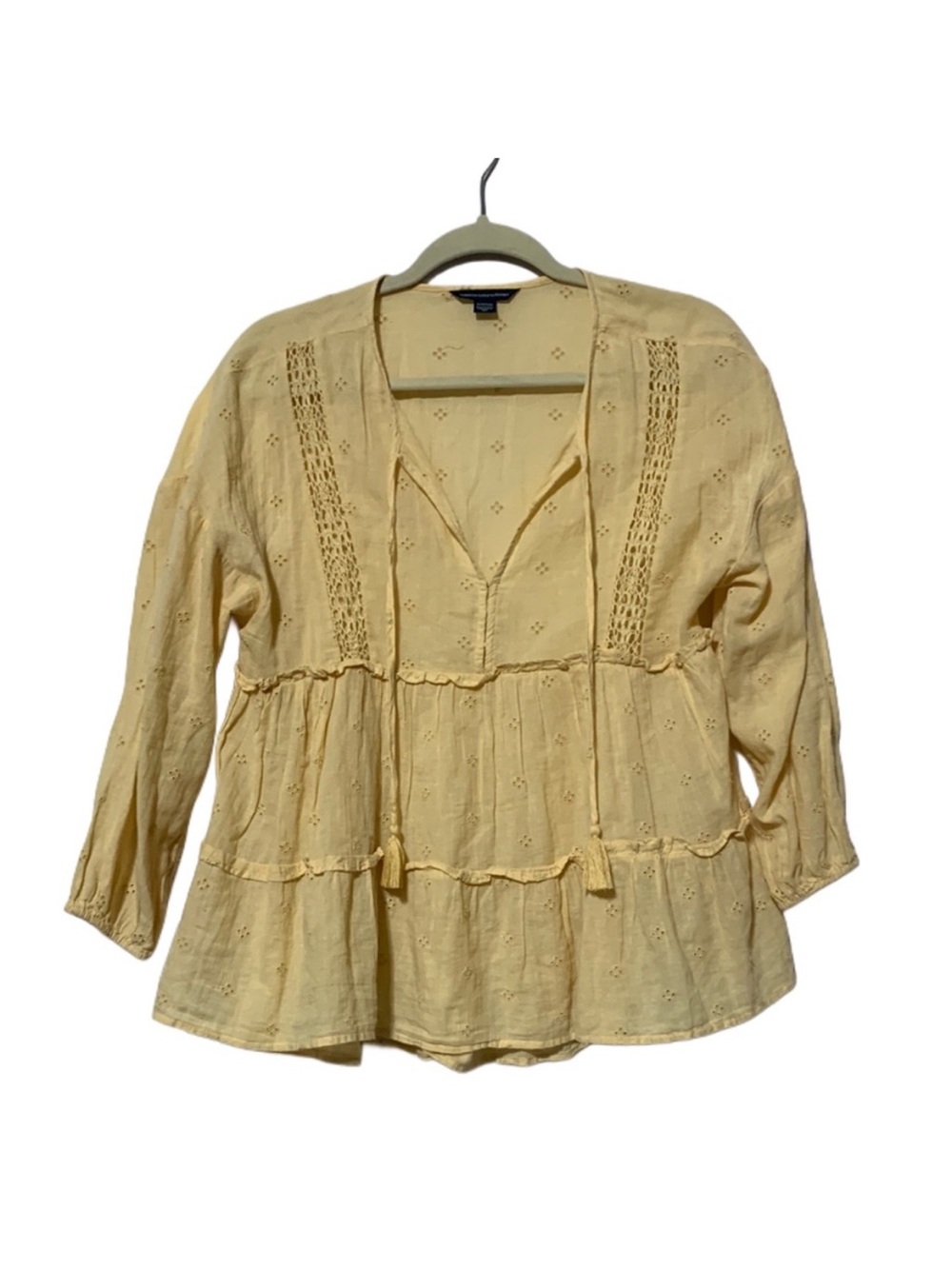 American Eagle Outfitters Pale Yellow Eyelet Peasant Blouse